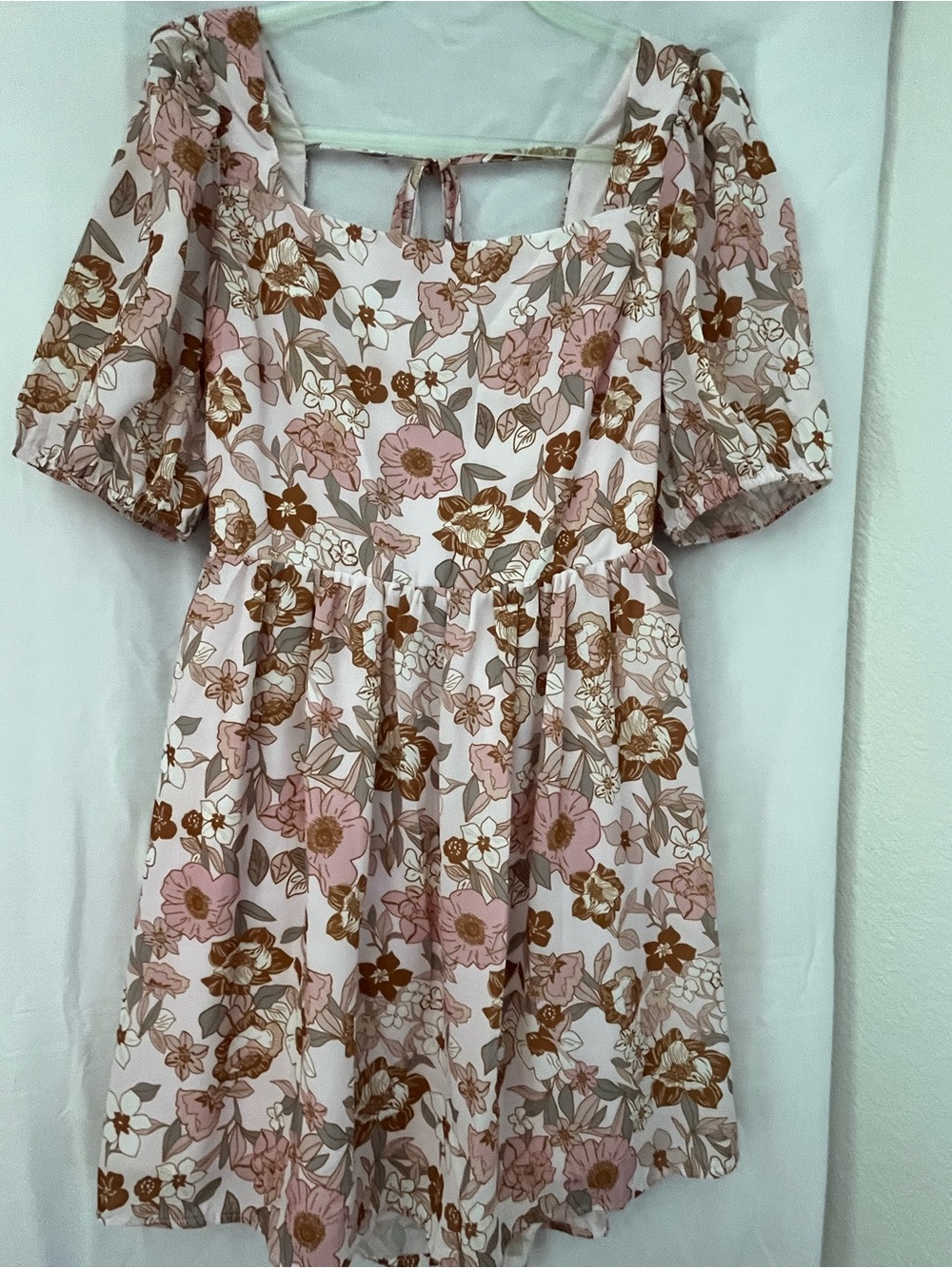 Floral Square-Neck Mini Dress in Pink & Brown